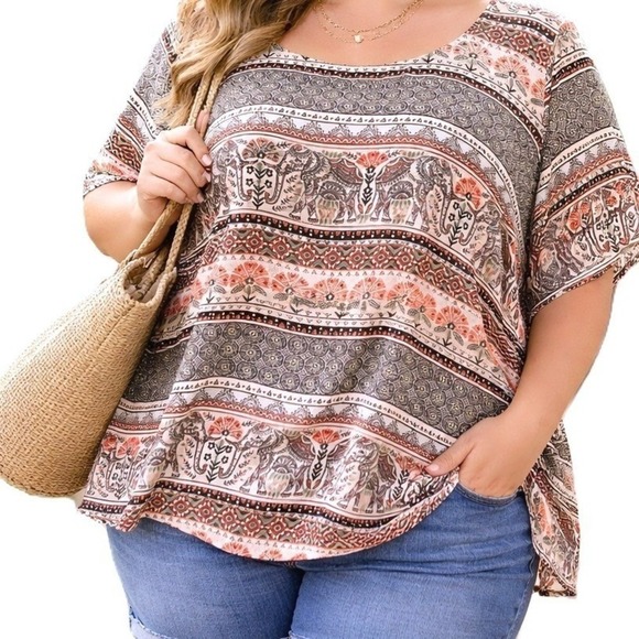 torrid Tops - Torrid Plus 3X Boho Elephant Tribal Button Back Detain Flowy Festival Blouse EUC